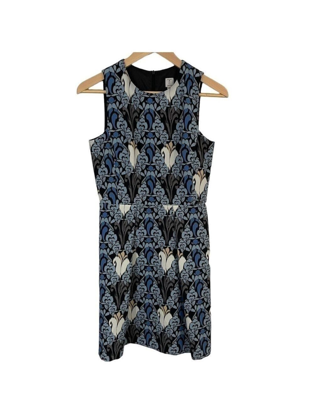 Tristan Sleeveless Pencil Dress Womens Sz 4 XS Blue Grey Damask Printed EUC